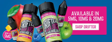 Drifter e-liquid bottles display with fruit and text offering 5mg, 10mg, and 20mg variants. Shop now for diverse flavors.