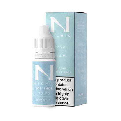 18mg Ice Nicotine Shot by Nic Nic in a bottle with icy blue packaging, ideal for high VG e-liquids.