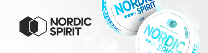 Nordic Spirit logo with mint flavor nicotine pouches on a white smoky background.