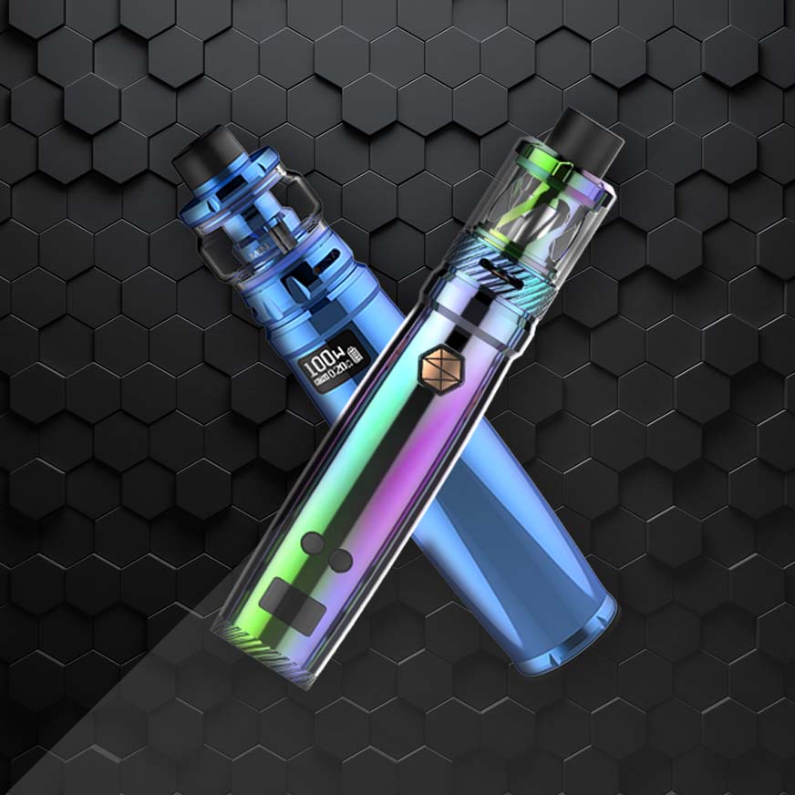 Colorful vape pens with a sleek design on a hexagonal black background