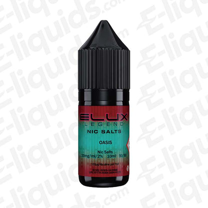 Oasis Nic Salt E-liquid by Elux Legend, featuring sweet berry flavors in a 10ml bottle, available in 10mg and 20mg strengths.