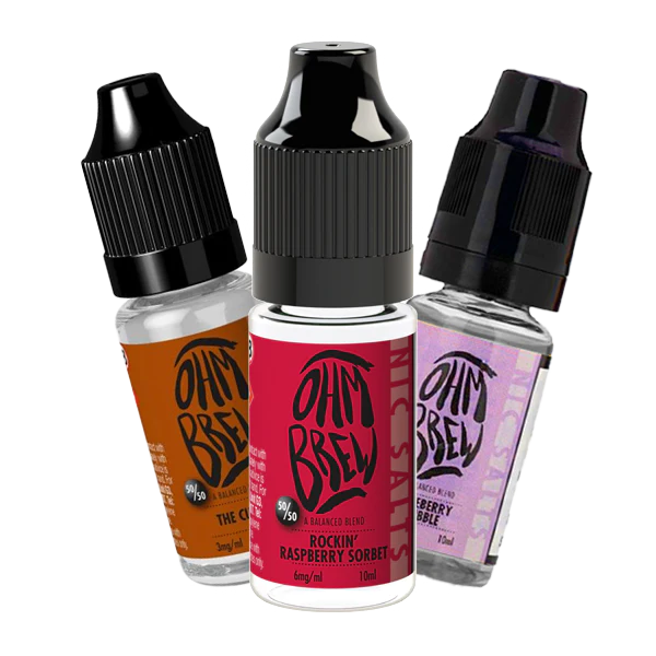Ohm Brew e-liquid collection featuring Rockin' Raspberry Sorbet flavor in various bottle designs.