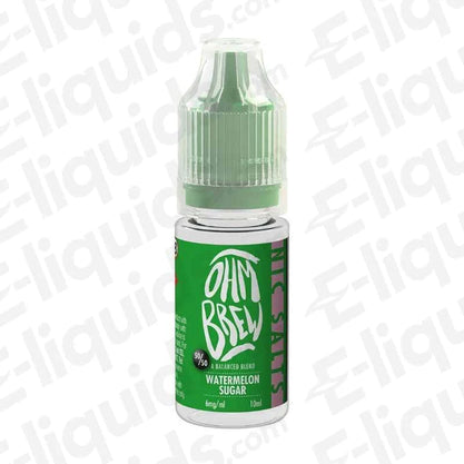 Ohm Brew Watermelon Sugar Nic Salt E-liquid bottle, 10ml, 50VG/50PG, ideal for pod kits, available in 3, 6, 12, 18mg strengths.
