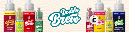 Variety of Double Brew e-liquid bottles showcasing colorful flavors with brand logo in background.