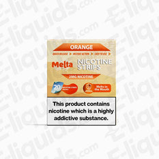 Orange MELTA Nicotine Strips packaging with 20 strips, delivering 2mg nicotine per strip.