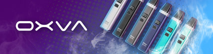 Colorful OXVA vape devices displayed in a row with smoke effects and branded logo.