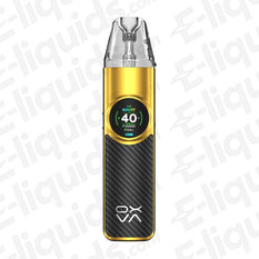 OXVA NeXLIM Vape Pod Kit in yellow with carbon fiber texture and digital display for optimal vaping performance.