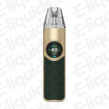 OXVA NeXLIM Vape Pod Kit in gold and green with a digital display showing 40W power output.