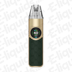 OXVA NeXLIM Vape Pod Kit in gold and green with a digital display showing 40W power output.