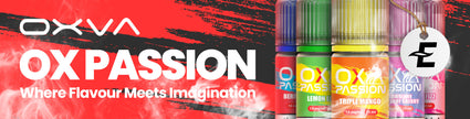 Colorful Oxva Ox Passion vape juice bottles with