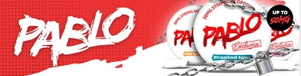 Pablo branded packages with chain design show strong nicotine pouches, featuring Frosted Mint and Mango flavors, up to 50mg strength.