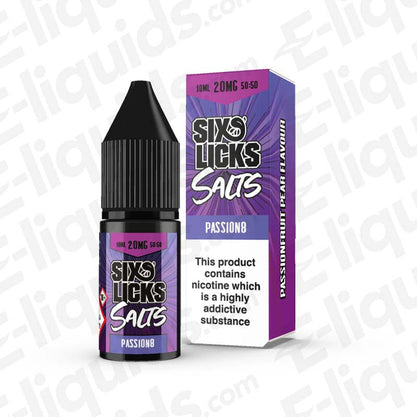Passion8 Nic Salt E-liquid by Six Licks, featuring Passionfruit and Pear in a 10ml bottle, 50/50 VG/PG ratio.