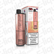 IVG 2400 Peach Edition 4-in-1 Rechargeable Pod Kit with packaging, featuring 1750mAh battery and prefilled 20mg nic salt e-liquids.
