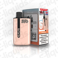 IVG SAVR Prefilled Pod Kit in peach ice flavor with instructional packaging and sleek design.