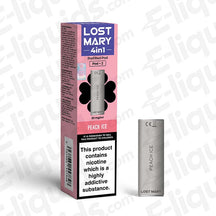 Lost Mary 4-in-1 Prefilled Pods Peach Ice flavor packaging with pod, offering smooth vaping with 20mg nic salt and mesh coil.