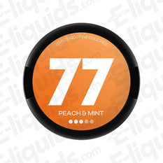 Peach Mint 77 Nicotine Pouches can with 20 pouches, each containing 10.4mg of nicotine. Orange and black packaging.