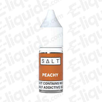 Peachy Nic Salt E-liquid by SALT in a 10ml bottle, featuring fruity Peach and Apricot flavors with cream.