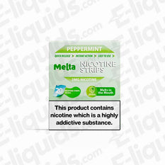 Peppermint MELTA Nicotine Strips packaging featuring 2mg nicotine, 20 strips, quick dissolve, smoke-free.