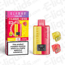 Elf Bar Dual 10K Disposable Vape Kit with pineapple ice and passion fruit flavors, 10,000 puffs, and dual-tank system.