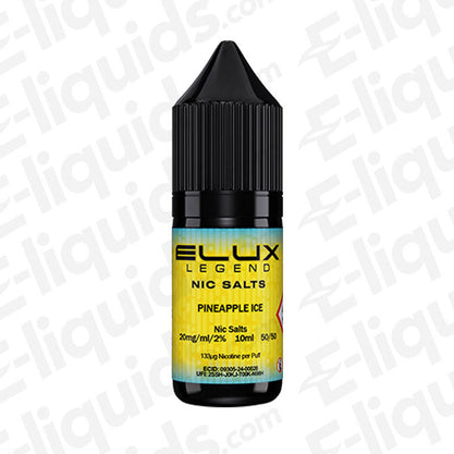 Elux Legend Pineapple Ice Nic Salt E-liquid bottle with a tropical design for fruity vaping experience.
