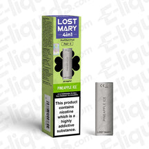 Lost Mary 4-in-1 Pineapple Ice Prefilled Pod with packaging, nicotine warning label, and 20mg nic salt for vaping.