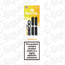 Revol 2600 Pineapple Ice Prefilled Pods packaging with nicotine warning, featuring vibrant yellow design and pineapple imagery.