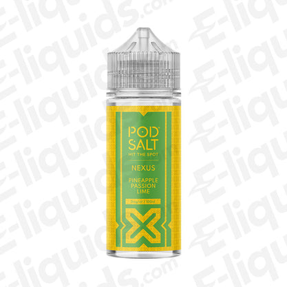 Pod Salt Nexus Pineapple Passion Lime Shortfill E-liquid bottle with vibrant tropical design.