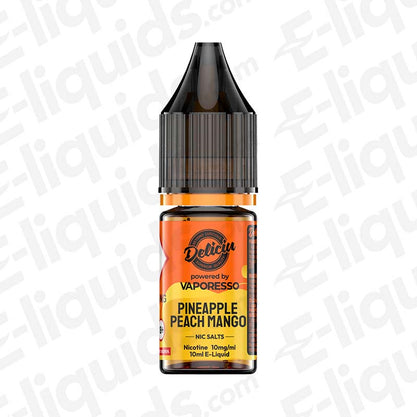 Pineapple Peach Mango Deliciu 2 Nic Salt E-liquid by Vaporesso in 10ml bottle, flavorful blend of tropical fruits.
