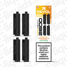 Pineapple Ice Revol 2600 Prefilled Pods packaging and four pods, featuring flavors like Peach Pineapple Ice, Juicy Peach, Lemon and Lime.