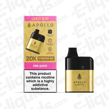 Gold Bar 20K Apollo AIO Legal Big Puff Vape Pod Kit in packaging, featuring Pink Burst flavor and warning about nicotine.