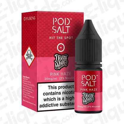 Pod Salt Pink Haze Nic Salt E-liquid, featuring lemon and citrus flavors, 20mg/ml nicotine, 2% nicotine strength.