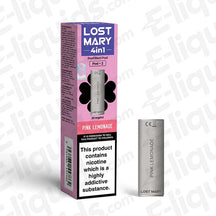 Lost Mary 4-in-1 Pink Lemonade prefilled pod with nicotine warning, offering a fruity and smooth vaping experience in 2-pack format.