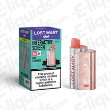 Lost Mary 4-in-1 Pod Kit with interactive screen, includes pink lemonade flavor and warns about nicotine addiction.
