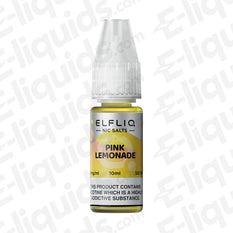 ELFLIQ Pink Lemonade Nic Salt E-liquid bottle, 10ml, featuring raspberry and fizzy lemonade flavors with 10mg or 20mg nicotine.