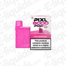 PIXL 8000 Pod XL Pink Lemonade flavor, 20mg nicotine, prefilled pod with up to 8000 puffs, boxed product image on white background.