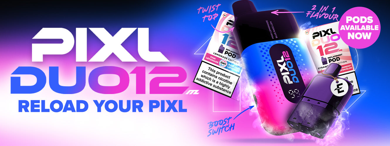 Promotional banner for Pixl Duo12 with colorful vape device, showcasing twist top, flavor options, and boost switch features.