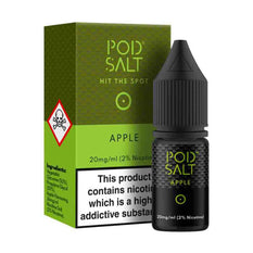 Pod Salt Apple Nic Salt E-liquid 20mg/ml in a 10ml bottle, featuring crisp apple flavor and nicotine warning.