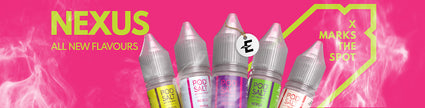 Nexus vape flavors poster featuring colorful e-liquid bottles with bright pink background and