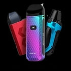 Colorful vape pods with modern designs in red, purple, and blue, showcasing sleek technology on a black background.