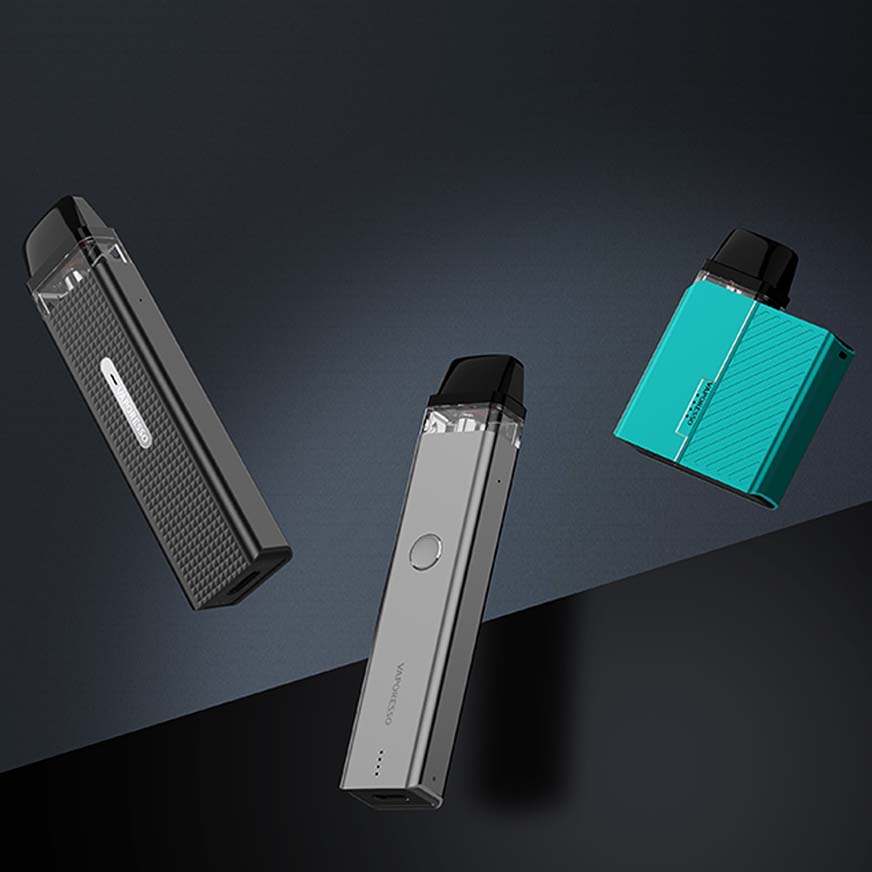 Three vape devices in black, gray, and teal colors on a dark background, showcasing modern design and technology.