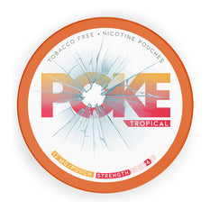 Poke Tropical Nicotine Pouches packaging, tobacco-free with 12mg strength, featuring vibrant design and fruity flavors.