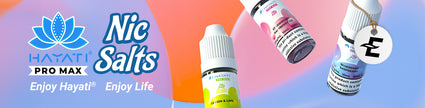 Hayati Pro Max Nic Salts product image with vibrant bottles and logo, slogan 'Enjoy Hayati, Enjoy Life' against a colorful background.