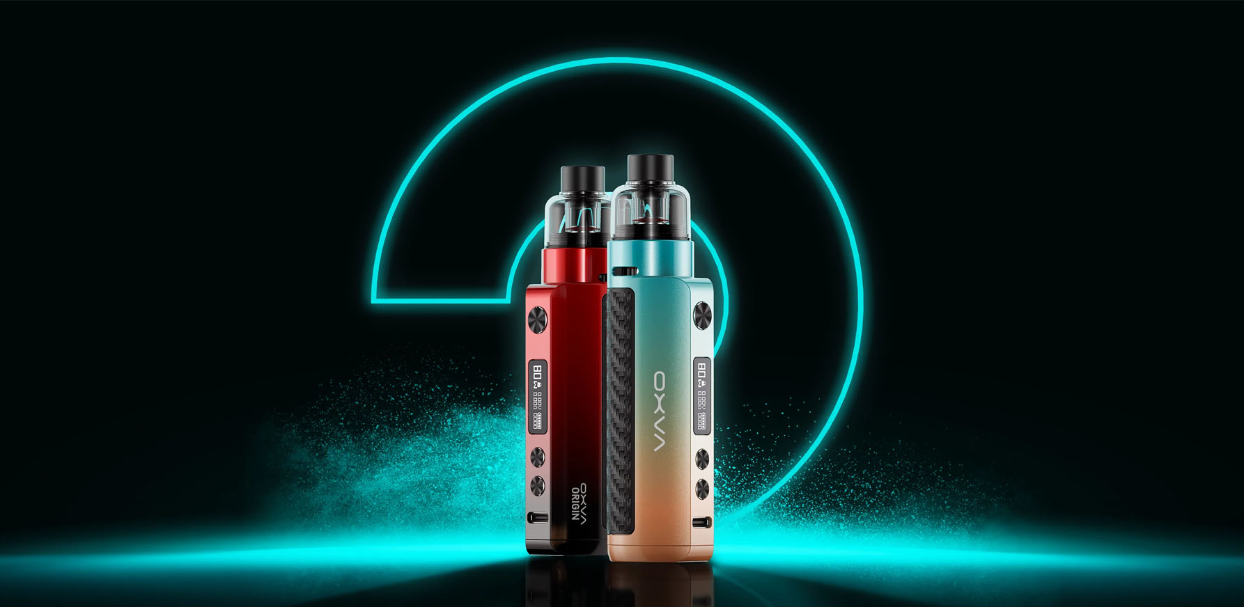 Two sleek vape devices with neon blue background, featuring advanced design and technology.