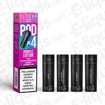 Elf Bar 4-in-1 Purple Edition Vape Pods, flavors include grape, blueberry, raspberry, and kiwi, compatible with Elf Bar Refillable Pod Kit.