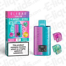 Elf Bar Dual 10K Disposable Vape Kit with Strawberry and Blueberry flavor pods, featuring a vibrant design and rechargeable battery.