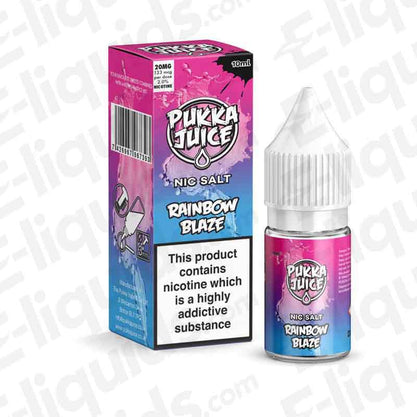 Rainbow Blaze Nic Salt E-liquid by Pukka Juice in 10ml bottle, featuring colorful packaging and sweet candy flavor.