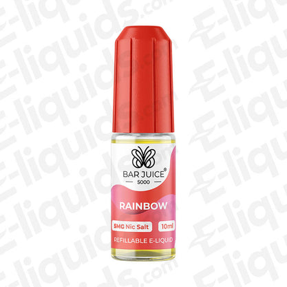 Rainbow Nic Salt E-liquid by Bar Juice 5000 in 10ml bottle with vibrant colors and refillable design.