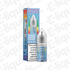 Pod Salt Rainbow Nic Salt E-liquid 10ml bottle with colorful packaging, 20mg/ml nicotine, featuring fruity sweet flavors.