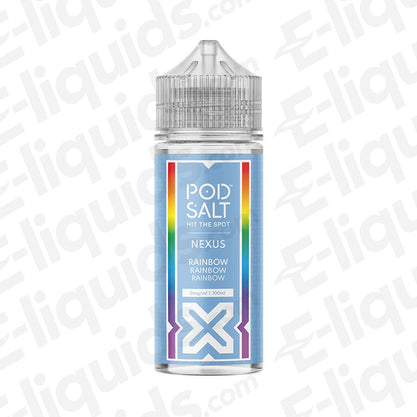 Pod Salt Nexus Rainbow Shortfill E-liquid 100ml bottle showcasing vibrant candy-inspired design.