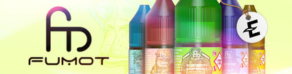 Colorful assortment of Fumot e-liquid bottles on a bright background with brand logo.